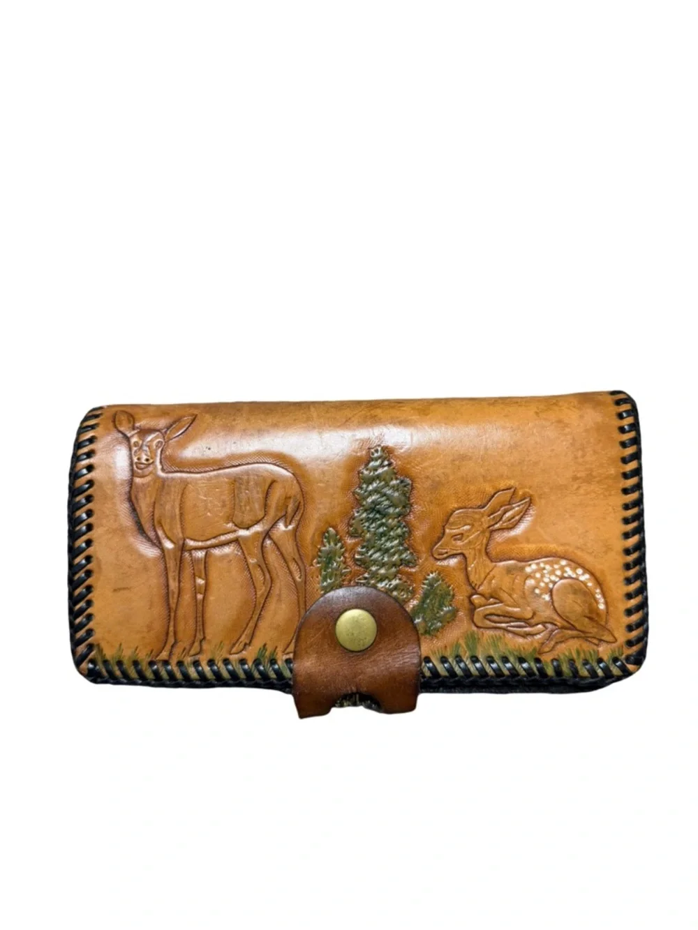 Vintage Hand Tooled Leather Wallet Western Deer Scene Snap Closure Brown
